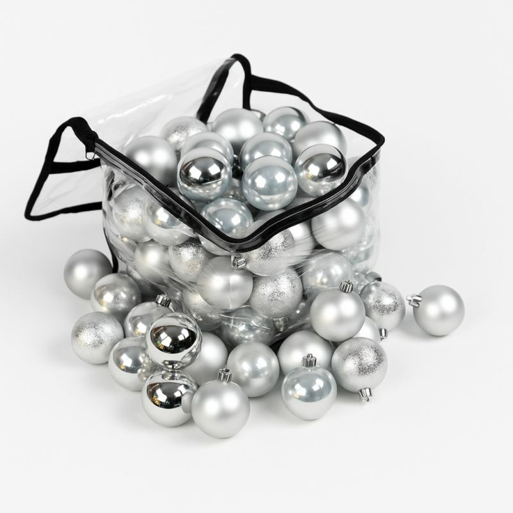 Lot de 60 boules de noël 6cm argentées (15 brillantes,15 mates,15 texturées,15 opalines) avec sac de rangement