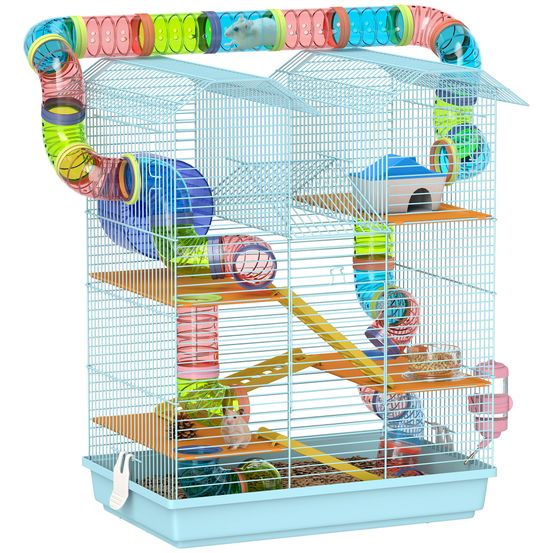 Cage hamster métal 5 niveaux espace de jeu avec tubes 47x30x59cm bleu