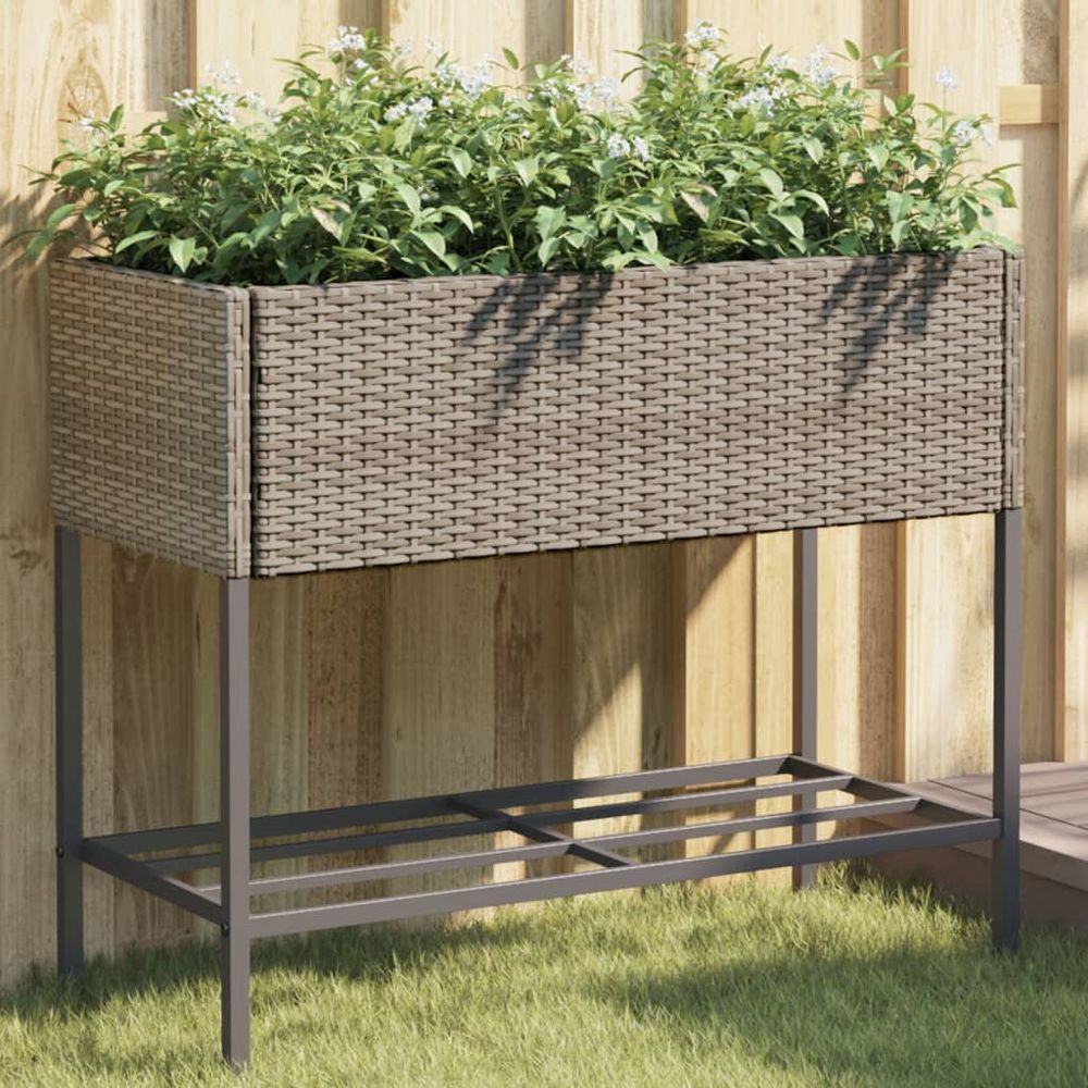 Jardinière surélevée résine tressée jardin avec étagère 90x40x75 cm gris