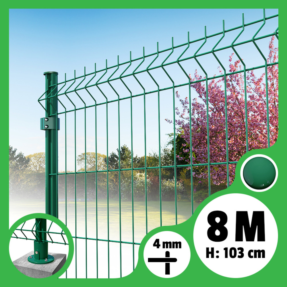 Kit grillage rigide poteaux ronds - longueur 8 mètres - 103 cm, vert, a visser ( platines fournies )