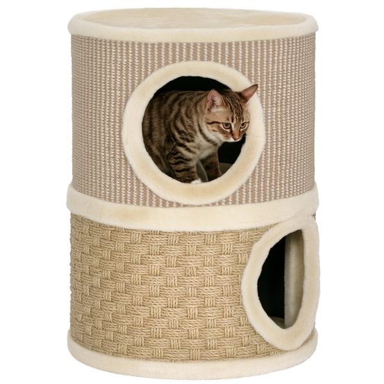 Tonneau à griffer pour chat 2 niveaux tour de jeu en sisal avec lit supérieur niche double 49 cm kaki