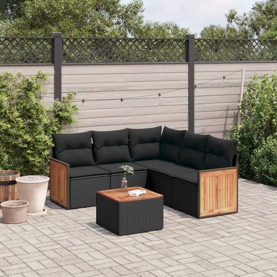 Salon de jardin 6 pcs avec coussins noir résine tressée