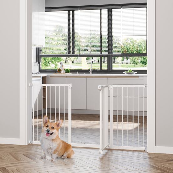 Barrière de sécurité chien métal portes escaliers sans perçage 74-147cm blanc