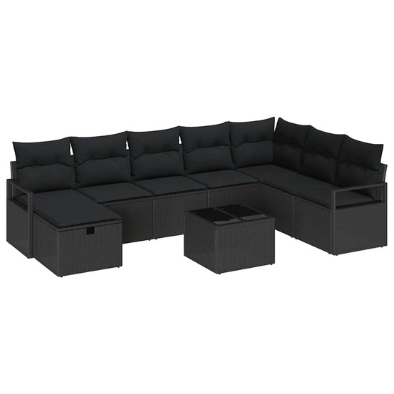 Ensemble de canapés avec coussin 9 pcs noir polyrotin