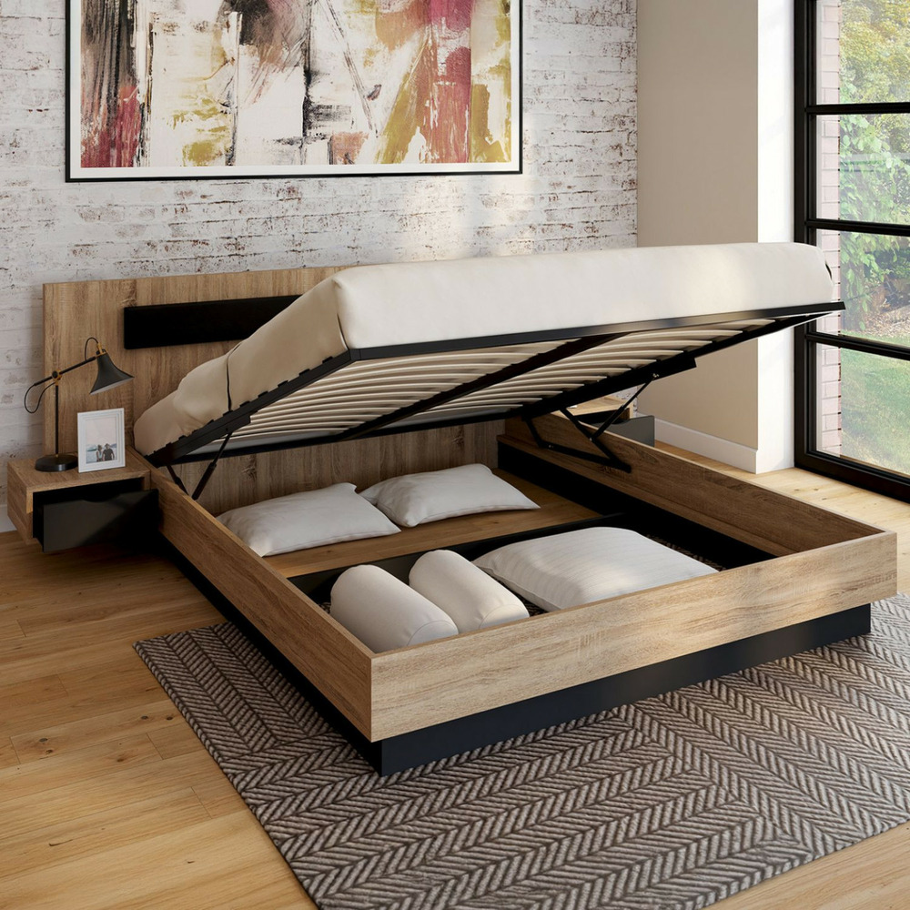 Lit coffre double santa avec tête de lit + tables de chevet intégrées et sommier 160 x 200 cm bois et noir