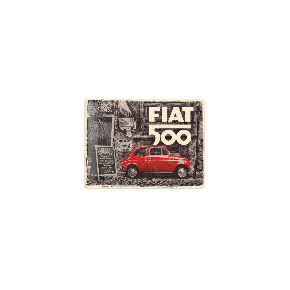 Plaque décorative en métal en relief 40 x 30 cm fiat 500 - red car in the street