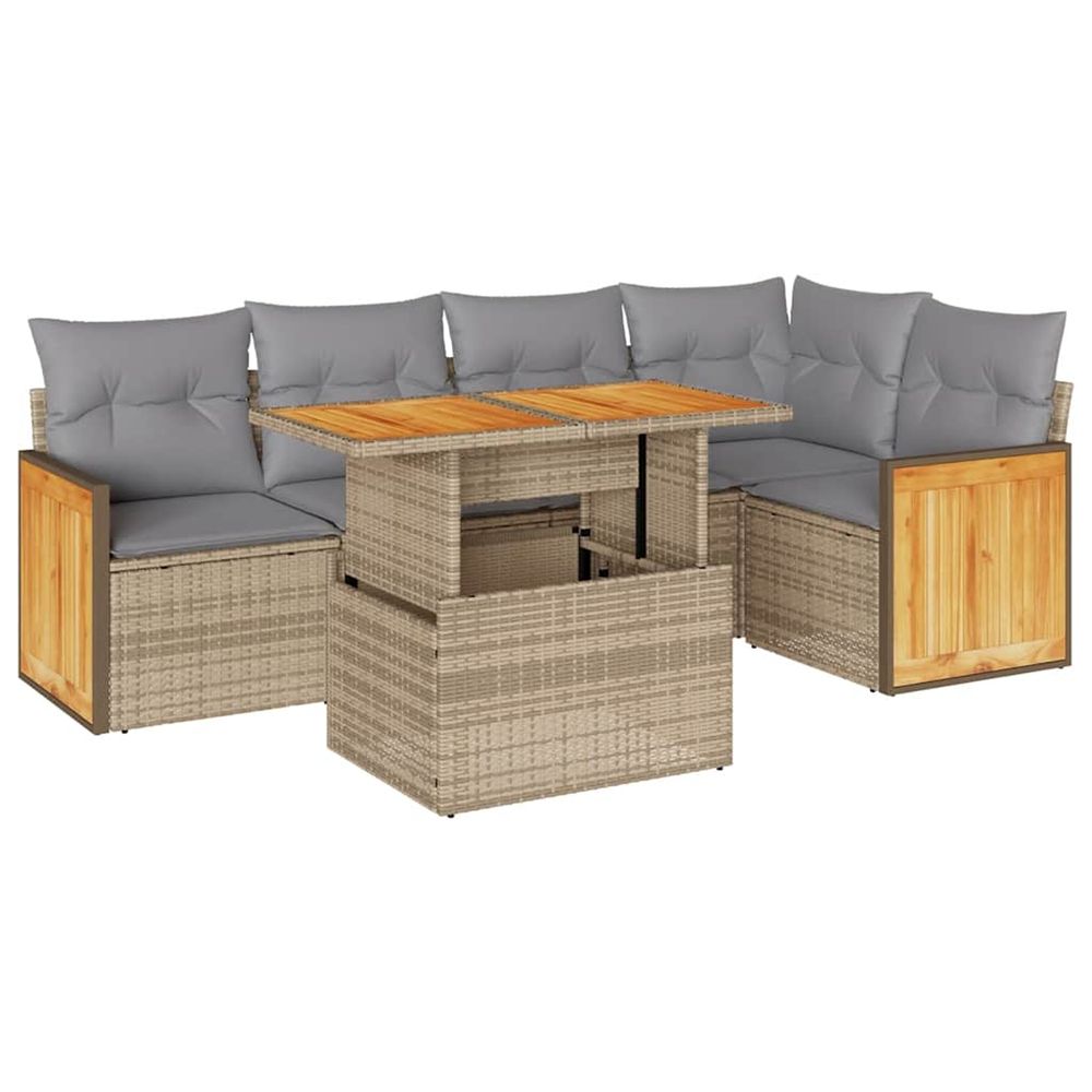 Salon de jardin 6 pcs avec coussins beige résine tressée acacia