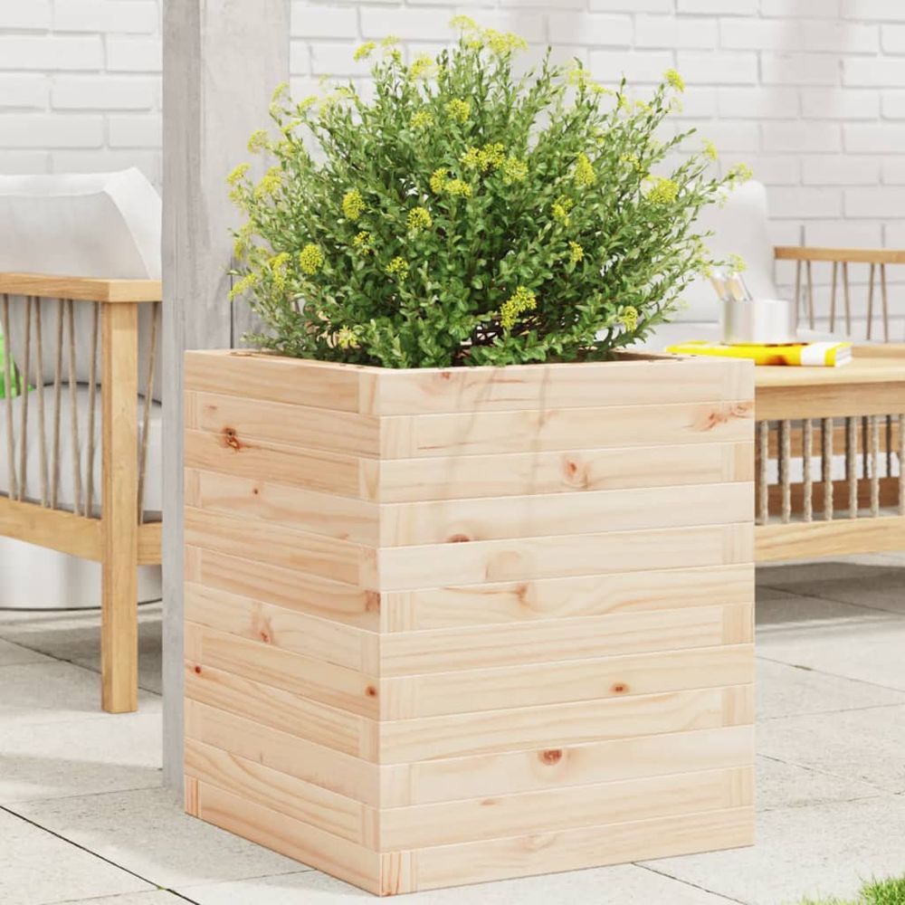 Bac à arbuste carré en pin massif naturel – jardinière moyenne classique pour décoration terrasse et entrée – 40x46cm brun