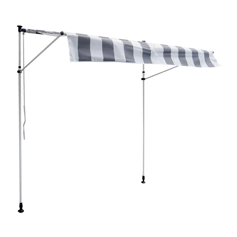 Store banne pour balcon chene 2×1,2m toile rayée blanche/grise structure blanche