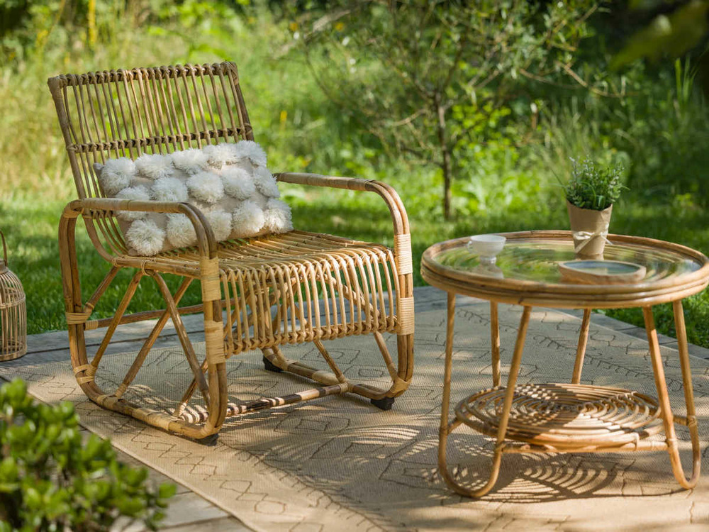 Ensemble salon de jardin bohème en rotin, fauteuil + table basse + tapis marrake