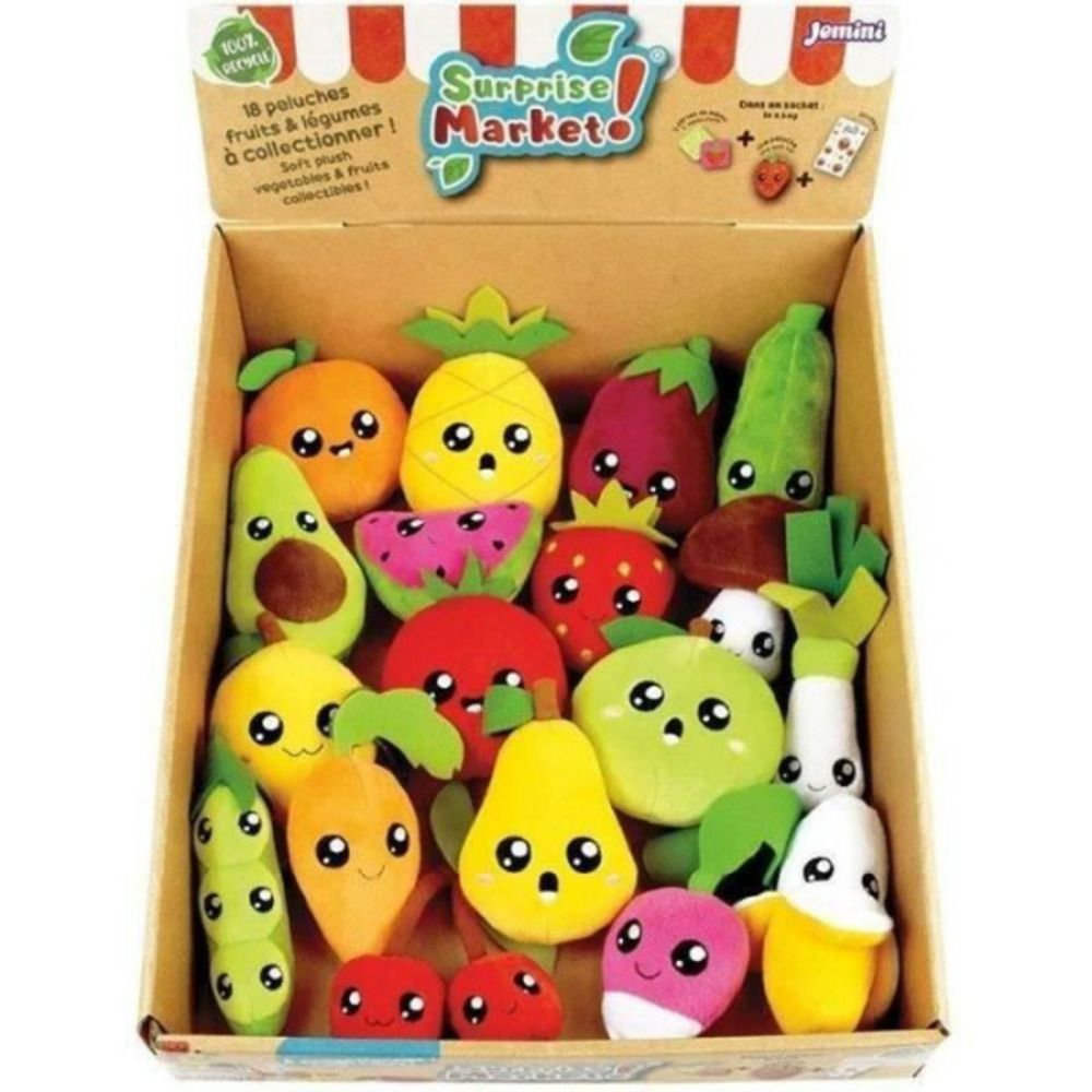 Lot de 18 pochettes surprises - - surprise market - peluche fruits ou légumes +/- 10 cm, stickers et cartes mémo