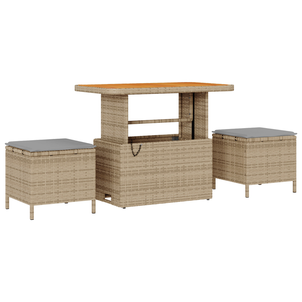 Ensemble de salle à manger de jardin à 3 pièces avec coussins beige en poly rattan et acacia