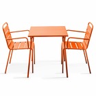 Ensemble table de jardin carrée et 2 fauteuils acier orange