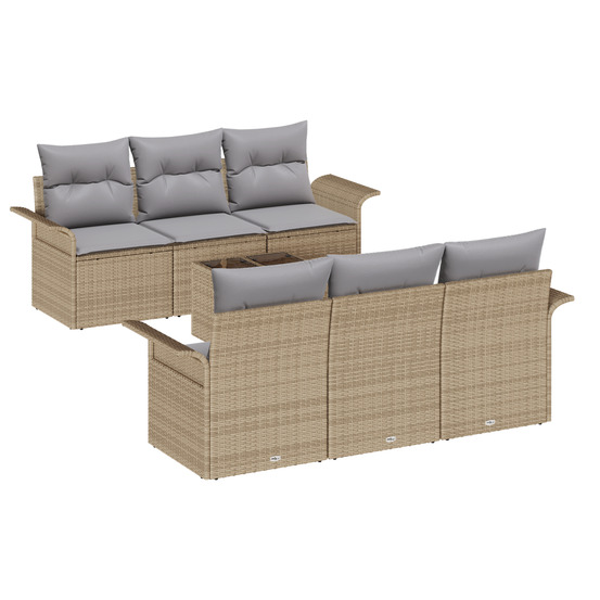 Ensemble de canapés de jardin 7 pièces avec coussins beige poly rattan