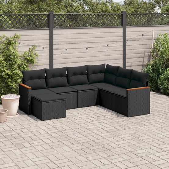 Salon de jardin 7 pcs avec coussins noir résine tressée