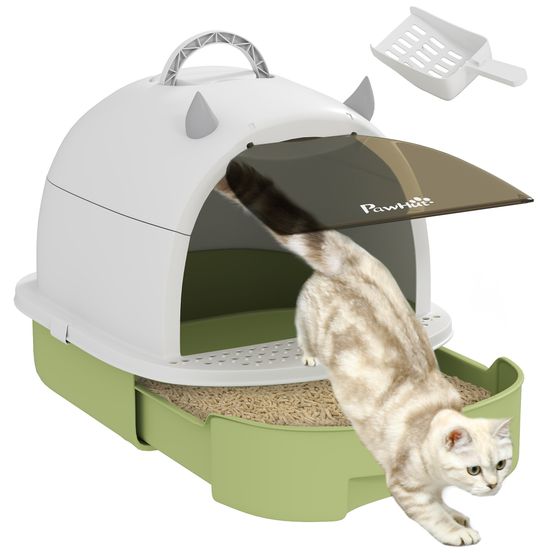 Maison de toilette pour chat design fermé anti-odeur avec filtre à charbon et pelle 52x40,5x39 cm blanc/vert