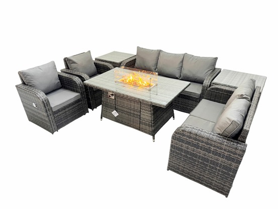 7 places salon de jardin exterieur table de foyer à gaz et canapé fauteuil avec 2 tables d'appoint
