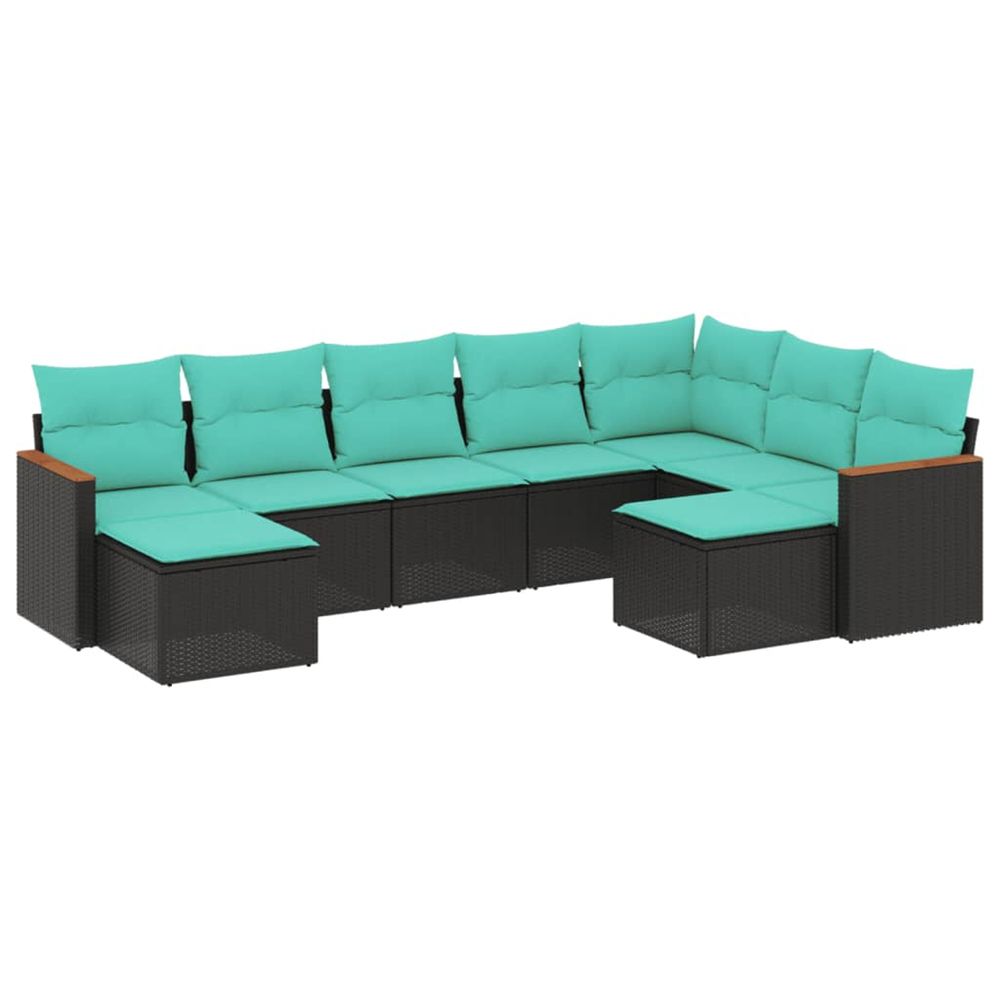 Salon de jardin 9 pcs avec coussins noir résine tressée