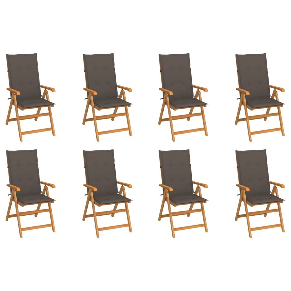Fauteuils pliants inclinables avec coussins, 8 pièces, en teck massif