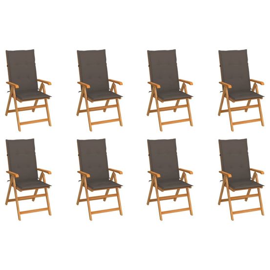Fauteuils pliants inclinables avec coussins, 8 pièces, en teck massif