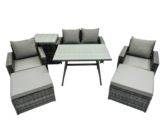 Ensemble de meubles de jardin avec table à manger rectangulaire fauteuil canapé 2 places 2 grand tabourets table d'appoint