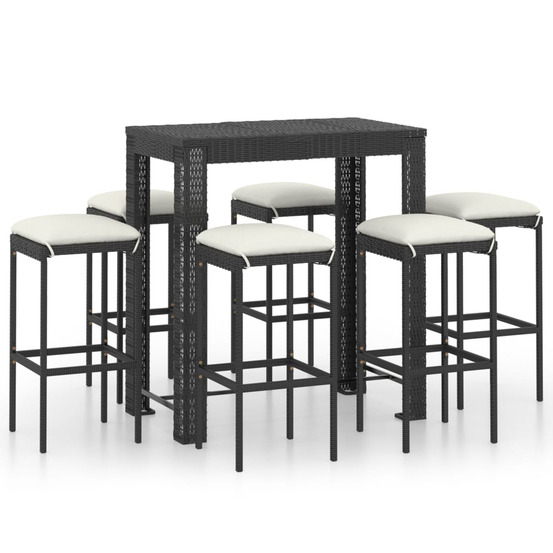 Ensemble de bar de jardin 7 pcs et coussins résine tressée noir