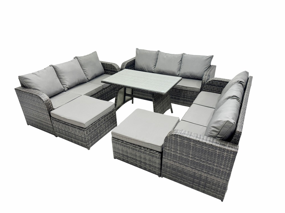 Salon de jardin exterieur 11 places table à manger rectangulaire 2 grand tabourets gris foncé mixte