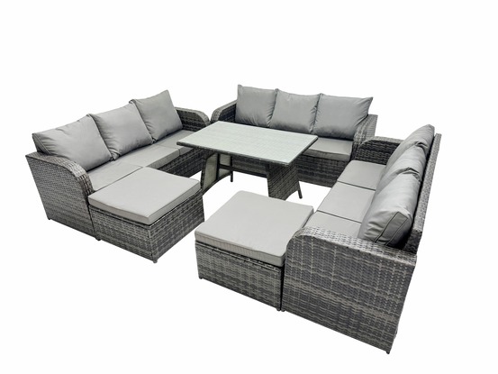 Salon de jardin exterieur 11 places table à manger rectangulaire 2 grand tabourets gris foncé mixte