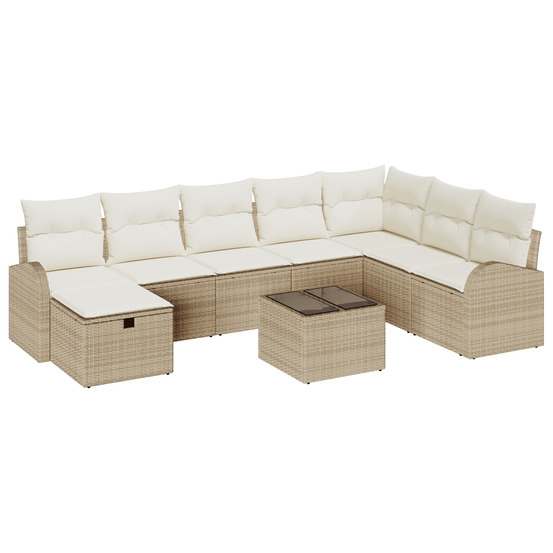 Ensemble de canapé de jardin 9 pièces avec coussins beige en poly rattan