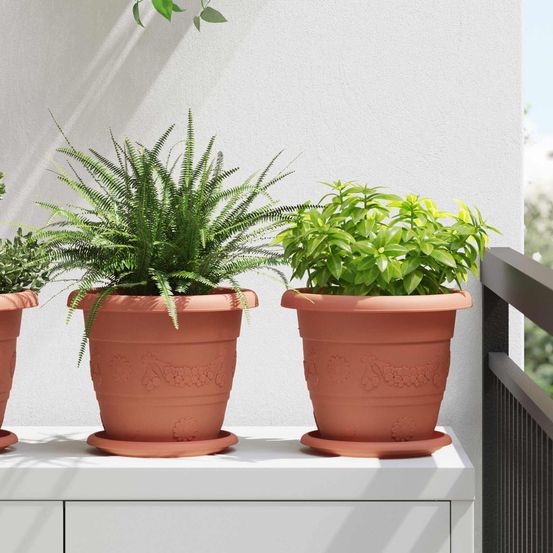 Lot 6 pots de fleurs ronds plastique intérieur extérieur avec drainage ø 22 cm rouge brique