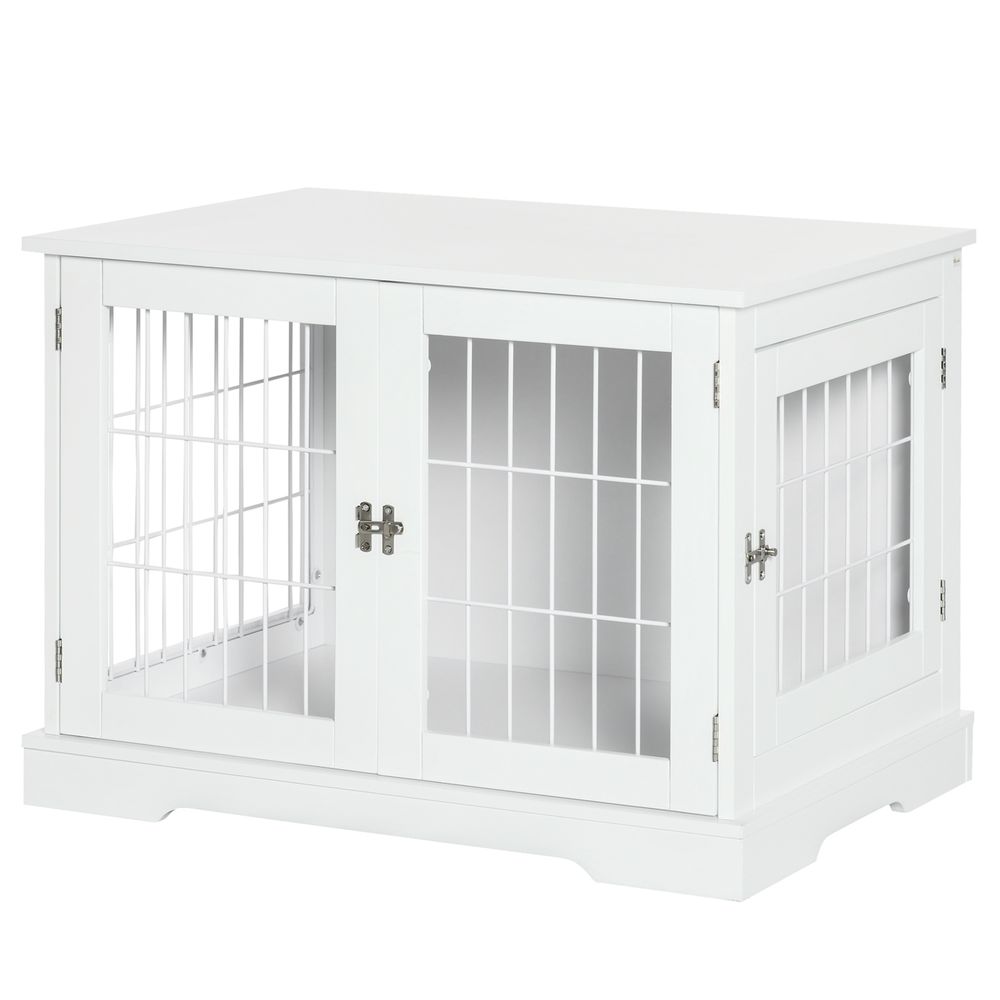 Cage chien 2en1 métal et bois mdf table d'appoint intérieur double accès 76cm blanc