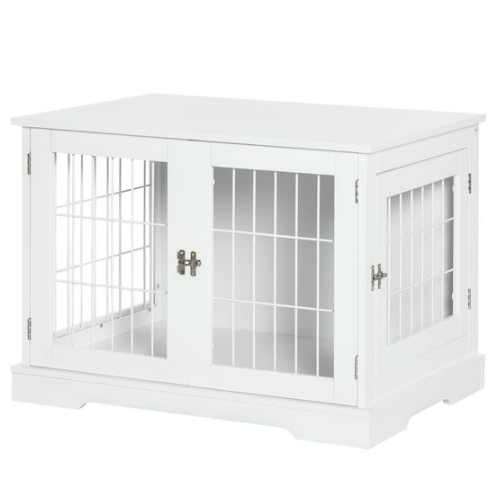 Cage chien 2en1 métal et bois mdf table d'appoint intérieur double accès 76cm blanc