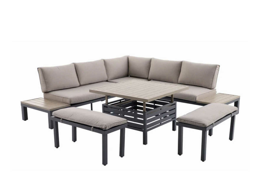 Salon de jardin lanza taupe en aluminium - 7 places