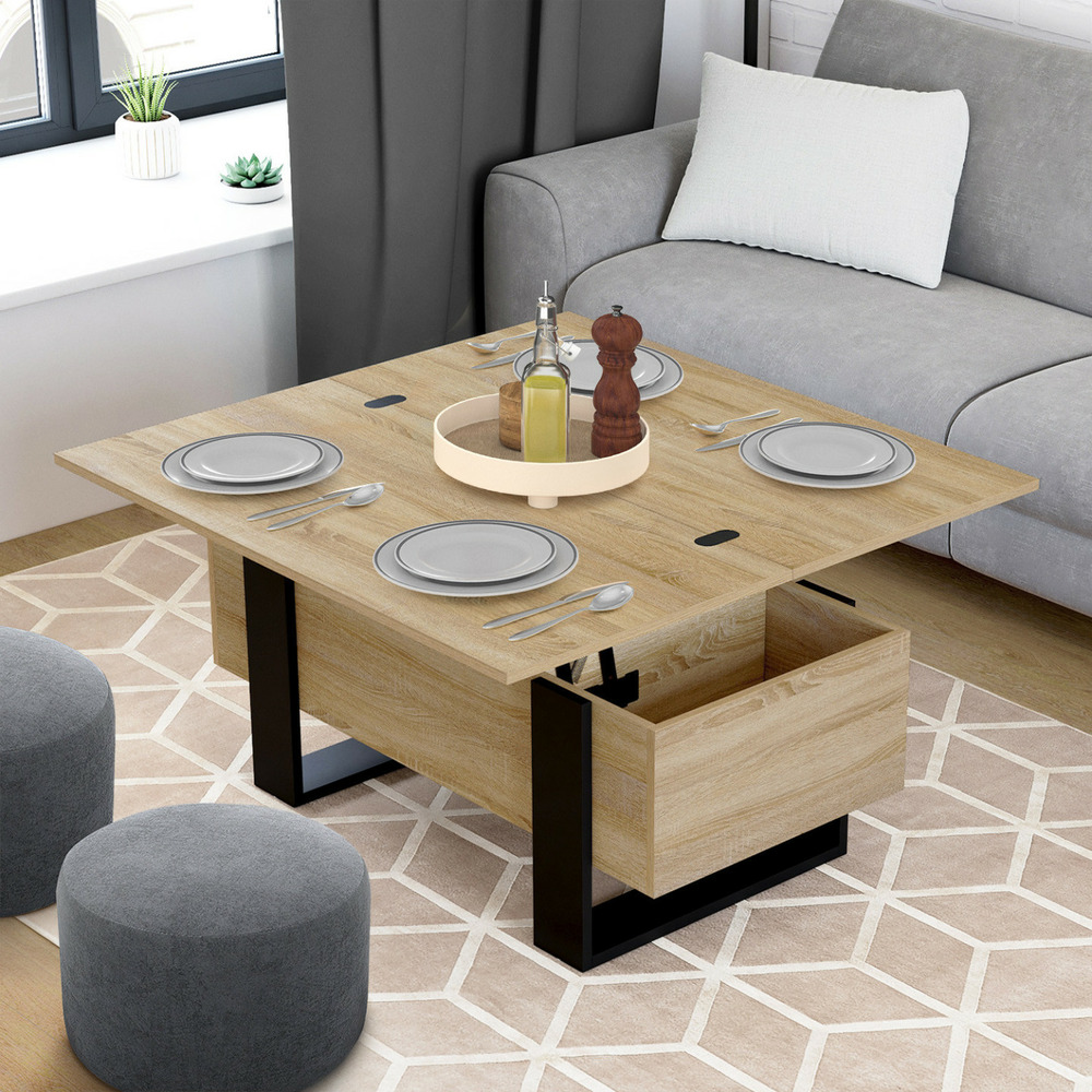 Table basse plateau relevable rectangulaire convertible en table à manger phoenix 97,5 cm bois et noir