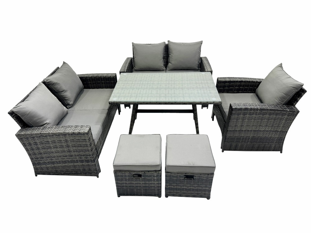 Ensemble de canapé en rotin extérieur avec table à manger rectangulaire canapé à deux places 2 petits tabourets gris foncé mixte