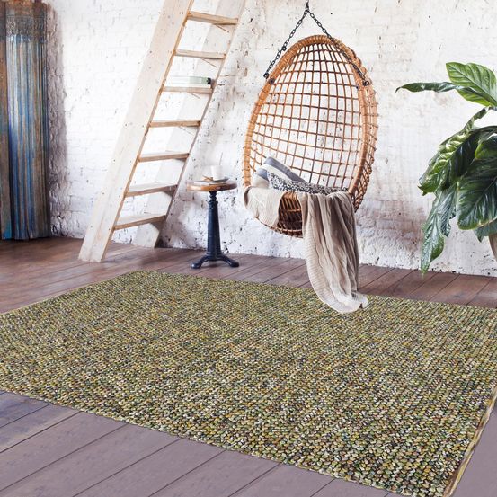 Tapis chambre 170x240 tissé en laine vert et beige rectangle motif faux uni
