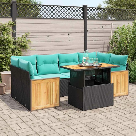 Salon de jardin avec coussins 7 pcs noir résine tressée acacia