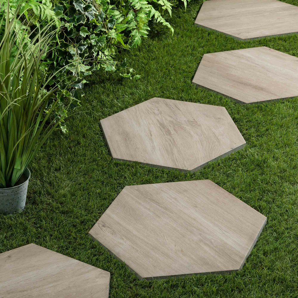 Pas japonais hexagone grès cérame effet bois marron 60x52/60x2 cm (à l'unité) - ro'ma nature