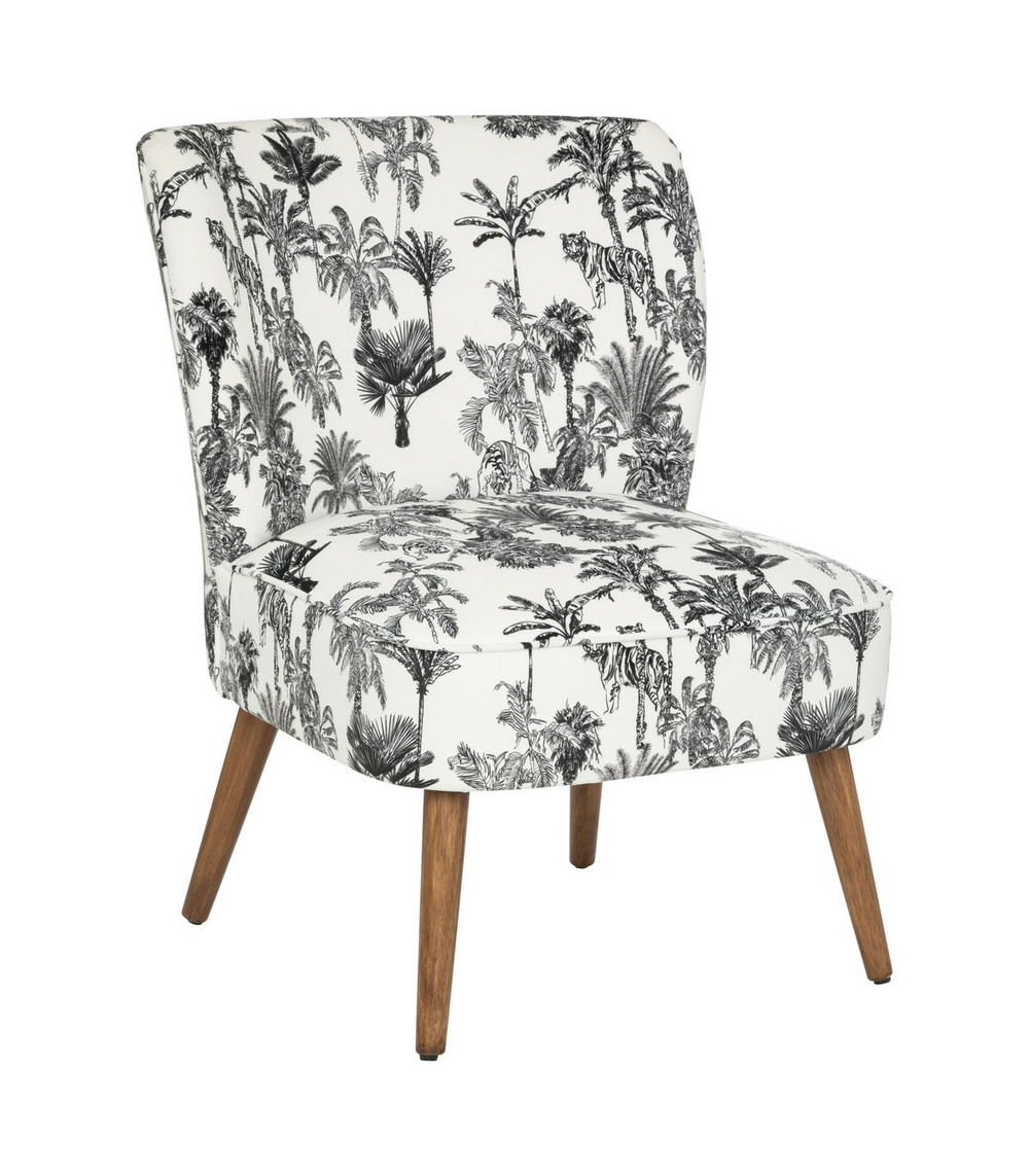 Fauteuil en bois et tissu imprimé noir & blanc