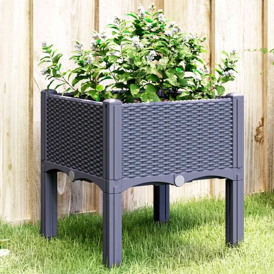 Jardinière sur pieds pp aspect rotin balcon terrasse jardin bleu gris 40cm