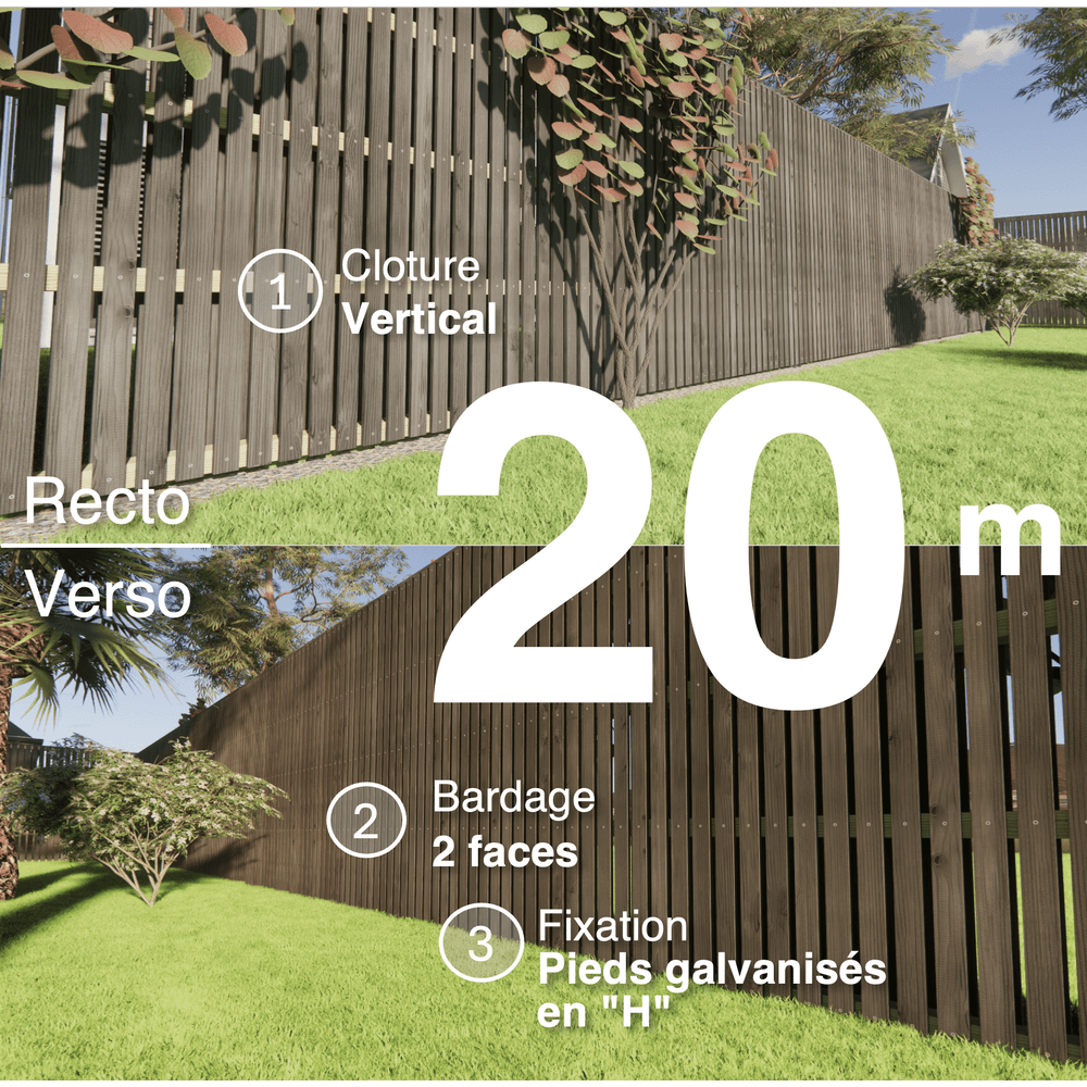 Kit clôture bois moderne 20m – h 2,3m – 20 x 70 mm noir par trempage – pose vertical – double face – support galva