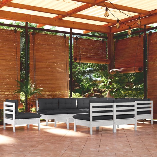 Salon de jardin 11 pcs avec coussins blanc bois de pin solide