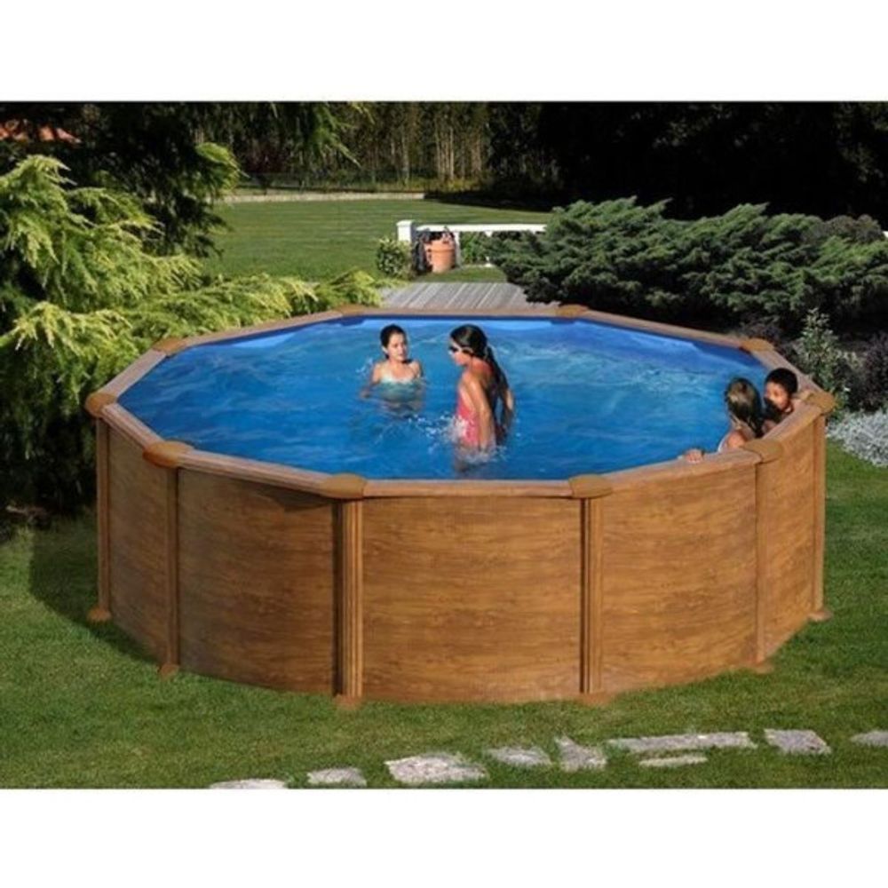 - kit piscine hors sol acier ronde imitation bois - ø480 x h132 cm (livrée avec filtre a sable + échelle)