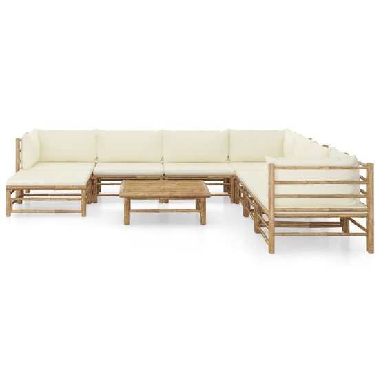 Salon de jardin 9 pcs avec coussins blanc crème bambou