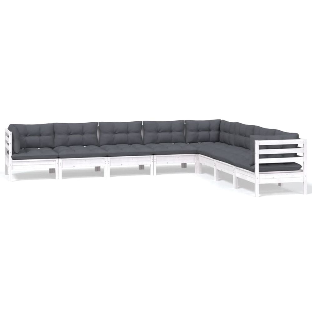 Salon de jardin 8 pcs avec coussins blanc bois de pin massif