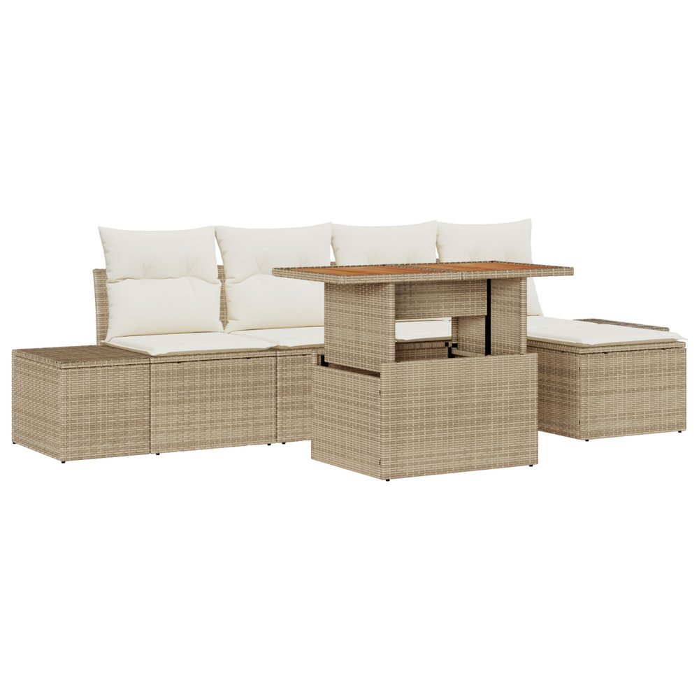Ensemble de salle à manger jardin 6 pièces avec coussins beige poly rotin acacia