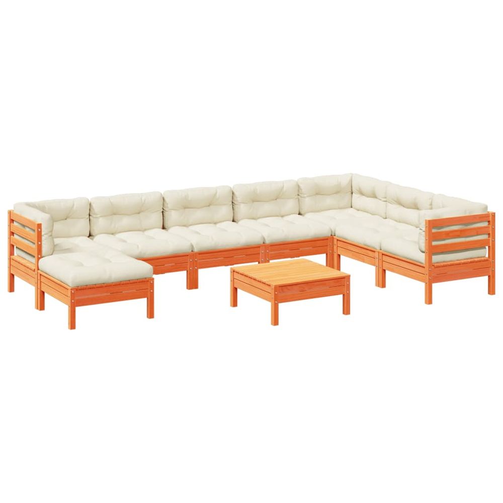 Salon de jardin 9 pcs avec coussins marron cire bois pin massif