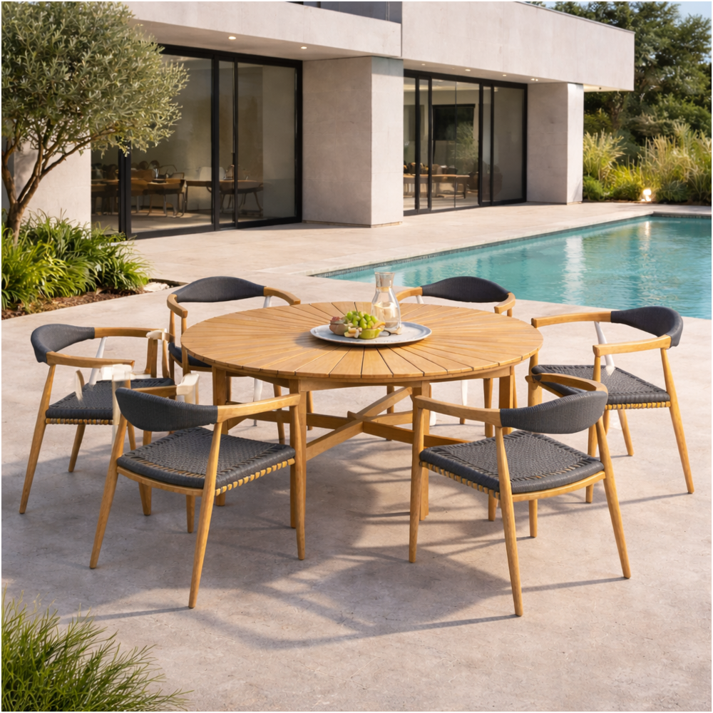 Ensemble table ronde en teck et 6 fauteuils en teck et corde