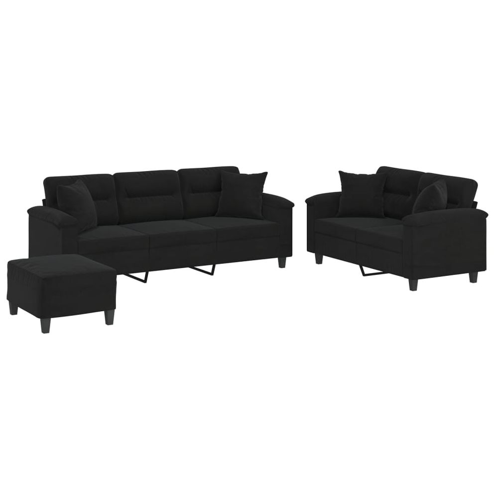 Ensemble de canapés 3 pcs avec coussins noir tissu microfibre