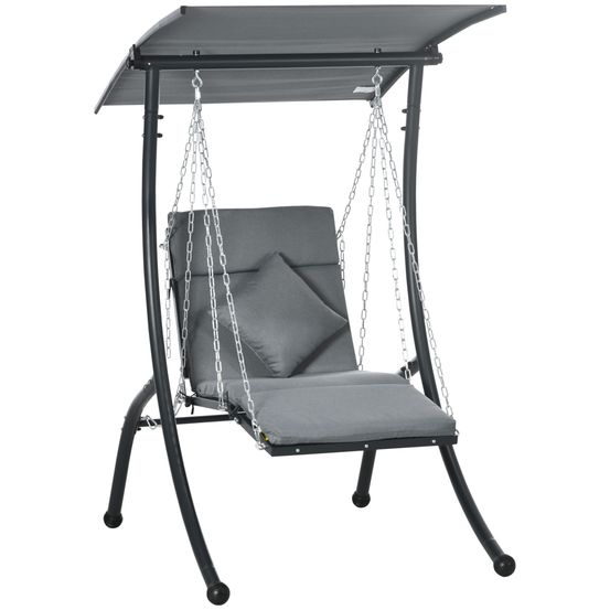 Chaise longue suspendue, toit basculant, avec coussin d’assise, coussin, cadre en acier, gris, 108 x 145 x 169 cm
